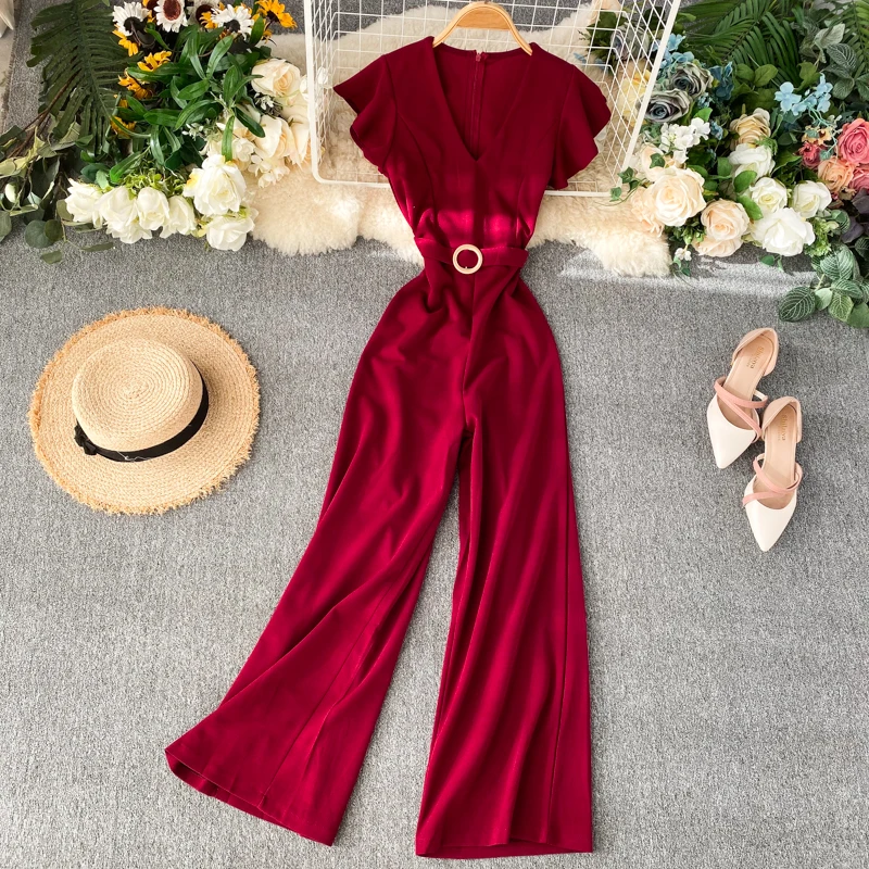 wine red Модный тонкий комбинезон с оборками, комбинезоны с v-образным вырезом для офиса, Летний комбинезон полной длины, повседневный женский элегантный комбинезон с завязками - Цвет: wine red
