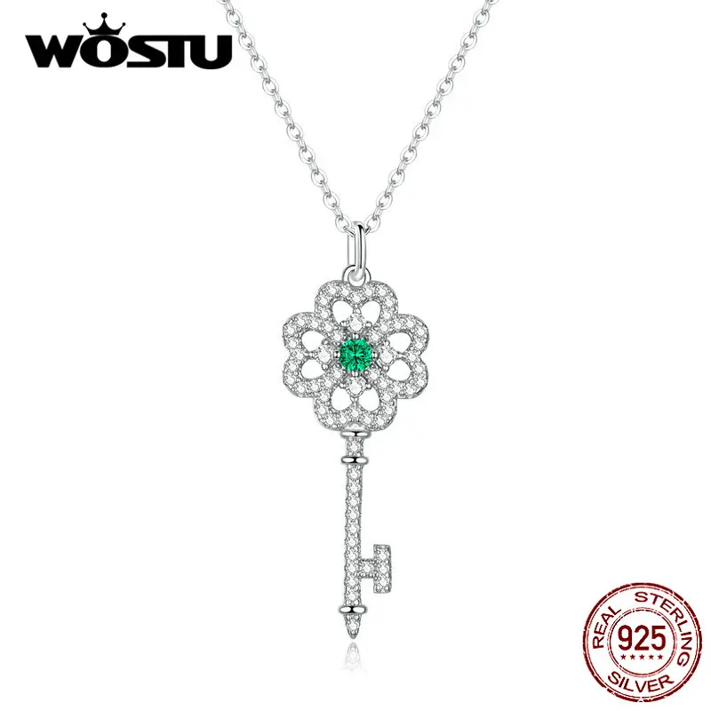 WOSTU Authentic 925 Sterling Silver Clover Necklace Beautiful Clover Bright Zircon Unlock Key Shape Necklace Jewelry DAN141
