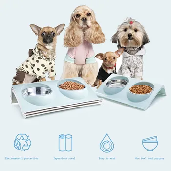 

Double Dog Bowl Pet Feeding Station Stainless Steel Water Food Bowls Feeder Solution for Dogs Cats supplies New Year Christmas