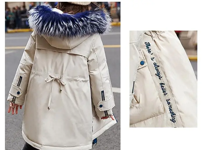 Пуховик для девочек с меховым воротником, зимнее пальто на белом утином пуху утепленная длинная куртка-пуховик для девочек/мам и детей