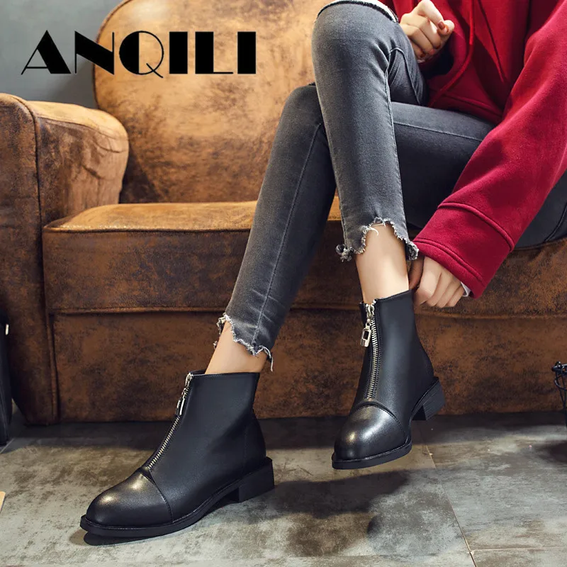 

ANQILI New Arrivals Soft Leather Ankle Boots Women Comfortable Flats Zipper Boots For Ladies Spring Autumn Women Martain Boots