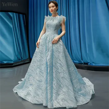 

Luxury Sexy Evening Dress Formal Dress Women Elegant Lace Appliques Evening Gown Sky Blue Vestidos De Fiesta De Noche YM20253