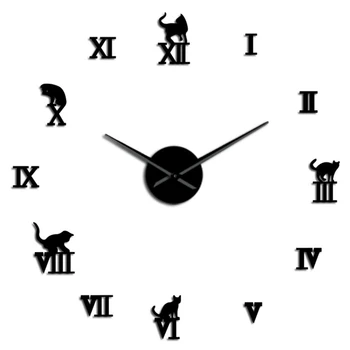 

3D Large Wall Clock DIY Modern Frameless Home Decor Cat Big Clock Mirror for Bedroom Living Room Kittens Kitty Wall Decor