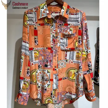

High-end orange shirt female 2020 spring stitching long-sleeved printed shirt 100% silk shirt heavy silk 04 double crepe shirt