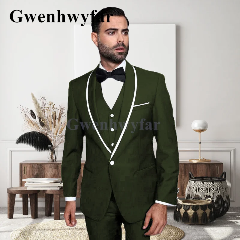 

Gwenhwyfar New Style Trend Young Men's Most Popular Shawl Lapels Suit Jacket Wedding Groom Party 3-piece Army Green Tuxedo