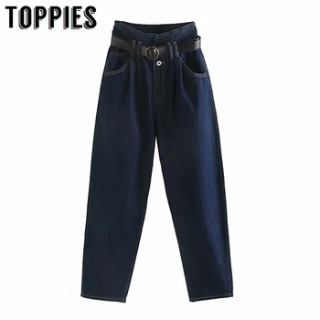 

Winter Blue Jeans With Belt High Waist Denim Pants Women Cross Pants Loose Trousers High Street