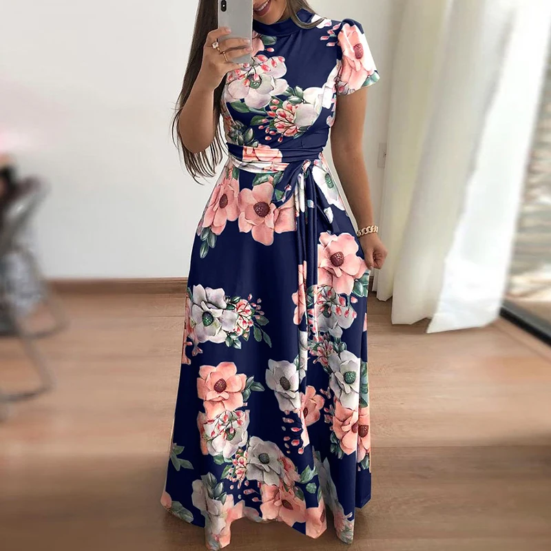 Женские, с цветочным узором, с коротким рукавом, Boho платье, женское вечернее длинное платье макси