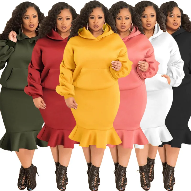 Two Piece Set Plus Size Women Clothing Sweatsuit Long Sleeve Hoodie Top  High Waist Maxi Skirt Sets Winter Wholesale Dropshipping