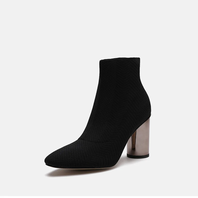 knitted striped sock boots pointed toe fly weave short Chelsea booties solid brand design lady work shoes metal thick heel | Обувь