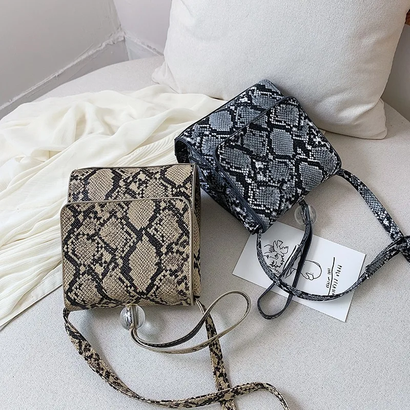 

2019 New Style Autumn Snakeskin Print Stereo Square Sling Bag Beads Hand Shoulder WOMEN'S Bag