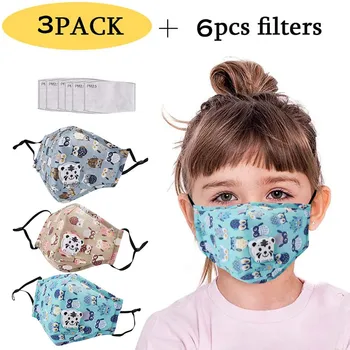 

3pc Kids Masks +6pc Filter Baby Reusable Dustproof Mouth Mask Cute Print Pm2.5 Pollution Protective Respirator Face Cover Masks
