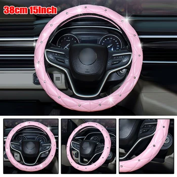

38cm/15Inch Universal Pink Car Steering Wheel Cover PU Leather Bling Bling Rhinestone Decor Fashion Accessories 2020 Hot