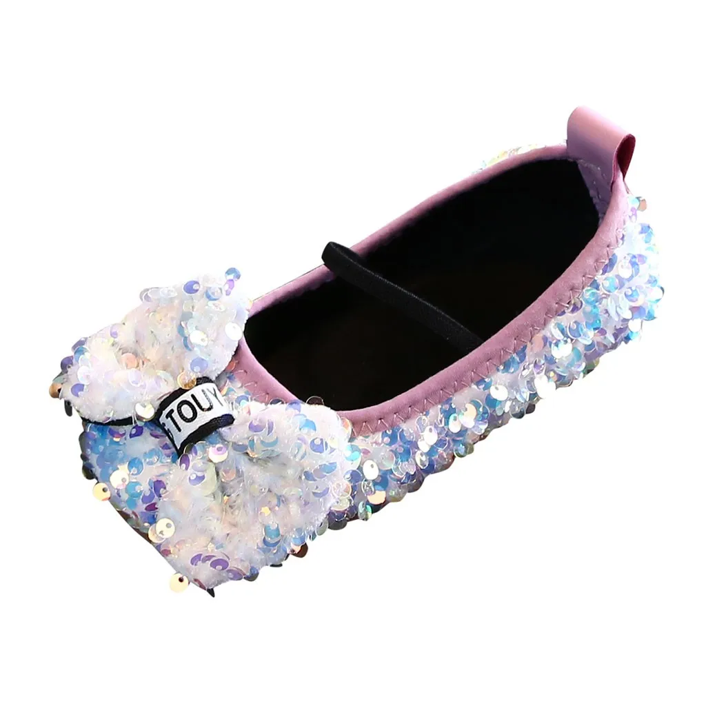 Розовый Girls Princess Bow Shoes Children Infant Bowknot Bling Sequins Single Princess Shoes Kids Baby Girls Leather Halloween Shoes#BC - Цвет: Розовый