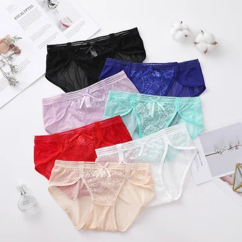 

UMKA 2020 New Bow Sexy Lace Breathable Hollow Hip Raising Low Waist Comfortable Sleeping Triangle Girl Women Underwear Panties