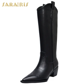 

Sarairis New Arrivals Genuine Leather 2020 Mid Calf Boots Woman Shoes Slip On Chunky Heels Spring Autumn Boots Women Shoes