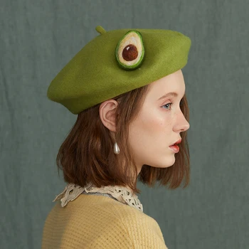 

Berets caps for women exotic fruit hat creative handmade net red avocado green painter hat