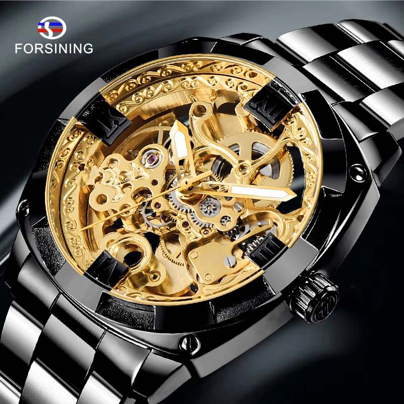 

FORSINING Men Watch Stainless Steel Military Sport Wristwatch Gold Skeleton Automatic Mechanical Male Clock relogio masculino