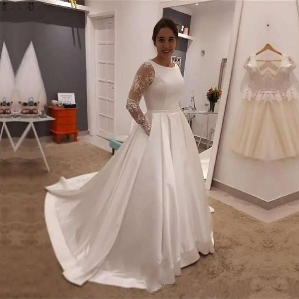 

A-line O Neck Wedding Dress 2020 Lace Long Sleeve Floor Length Vestido De Novia Robe De Mariee Backl Button Bride Dresses