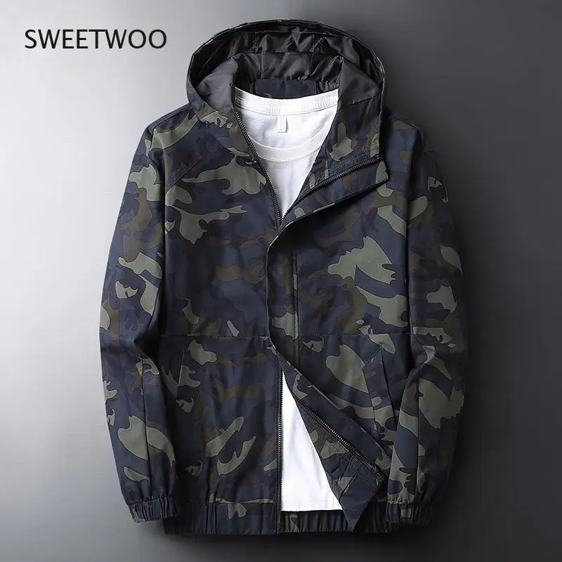 Camouflage Hooded Jacket Men Spring Korean Outdoors Casual Streetwear Breathable Military Windbreakers