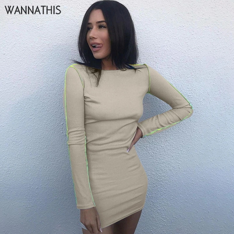 

WannaThis Apricot Long Sleeve Dress Knitted Bodycon Autumn Round Neck Slim Women Casual Streetwear Patchwork Mini Dresses New