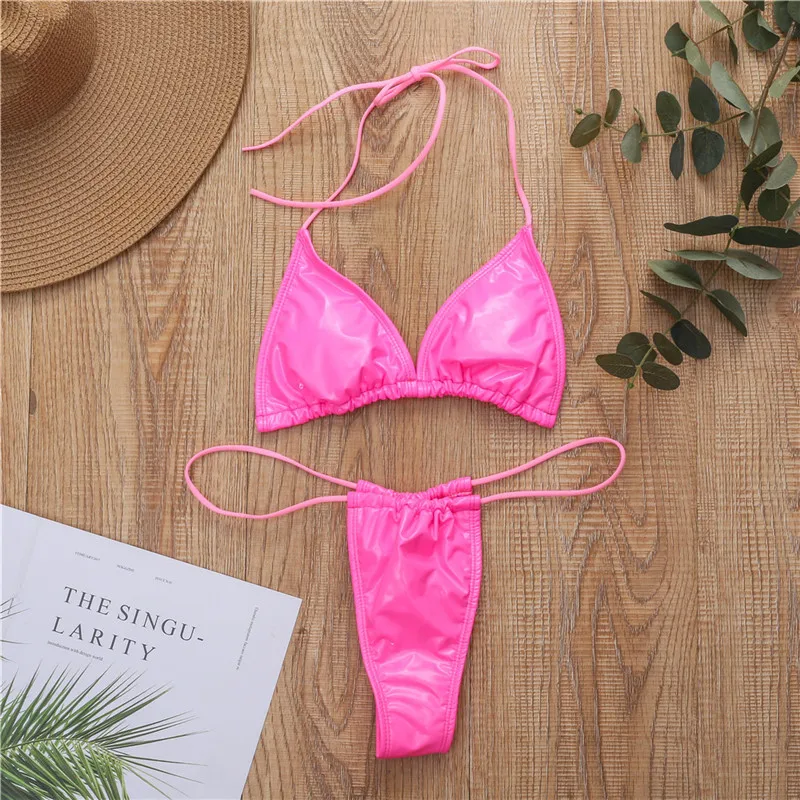 Sexy Bright Leather Bikini Deep V Swimwear Women Swimsuit Halter Push Up Bikini Set Bandage Bathing Suits Summer Beach Wear