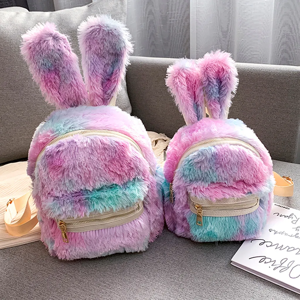

Fashion Rabbit ears Plush Backpack Patchwork Mother Shoulder Bag Backpack Mobile Phone Bag Laser mix-color Backpack sac banane