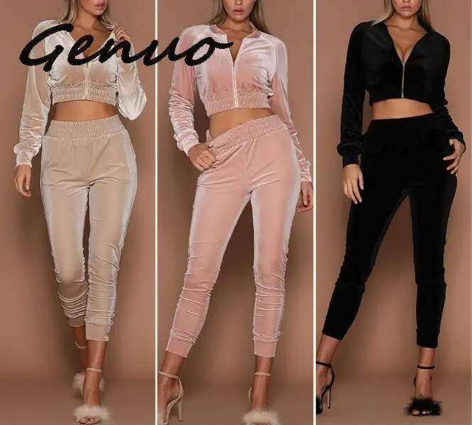 

2019 Winter 2 Piece Sets Women Solid Gold Velvet Burgundy Knitted Sweatshirt Elastic Waist Warm Pullovers Tracksuit Outfits