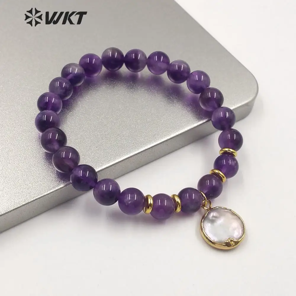 amethyst WT-B538,, круглые 8 мм бусины, гибкие бусины, браслет для девушек, натуральные бусины из розовых камней, браслет с подвеской - Окраска металла: amethyst