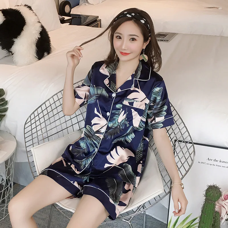 

Summer soft pajama shorts sexy pajama set Women Simulation Silk Printing Pattern Pajamas Sleepwear Nightwear Set home clothes