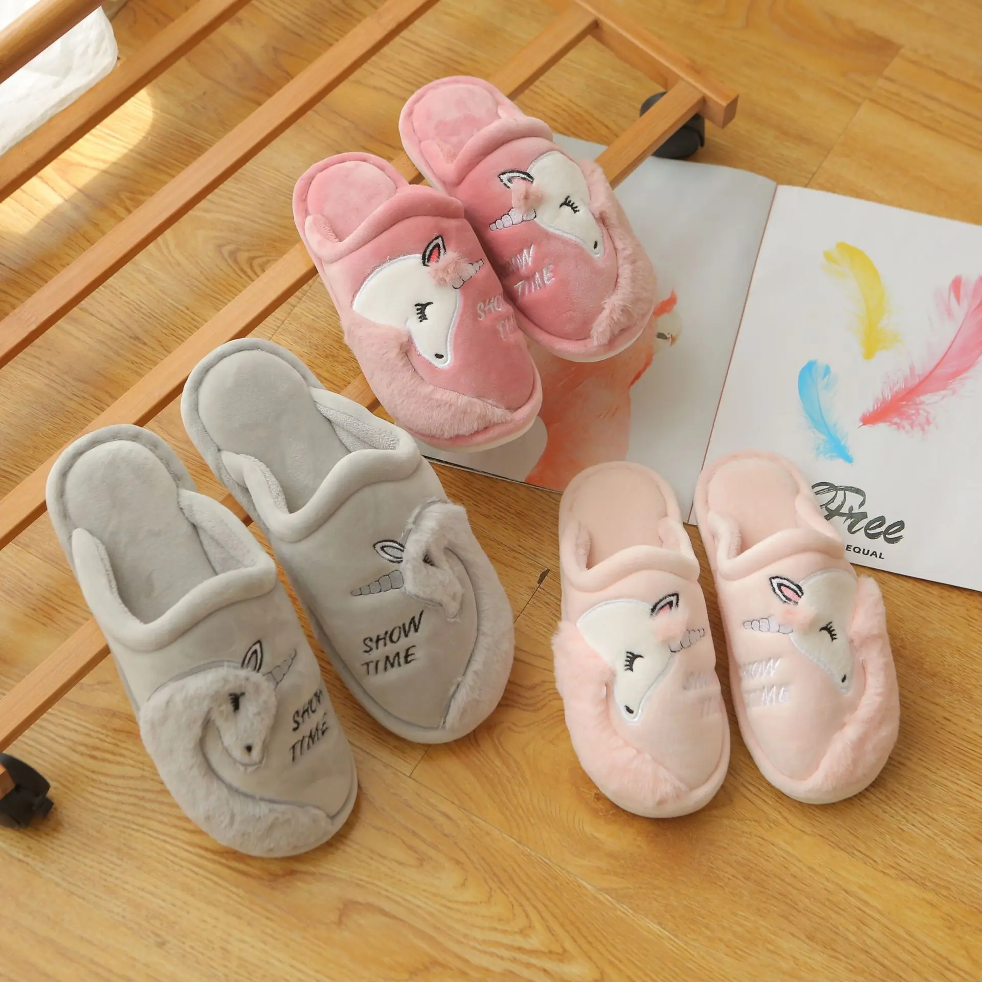 Unicorn Winter Women Men Home Slippers New Non-slip Soft Fur Warm Indoor Bedroom Lovers Couples Floor House Shoes Ladies