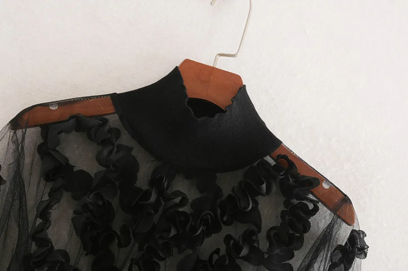 2019 za Женская мода SEMI SHEER контрастный Топ с длинным рукавом высоким воротом