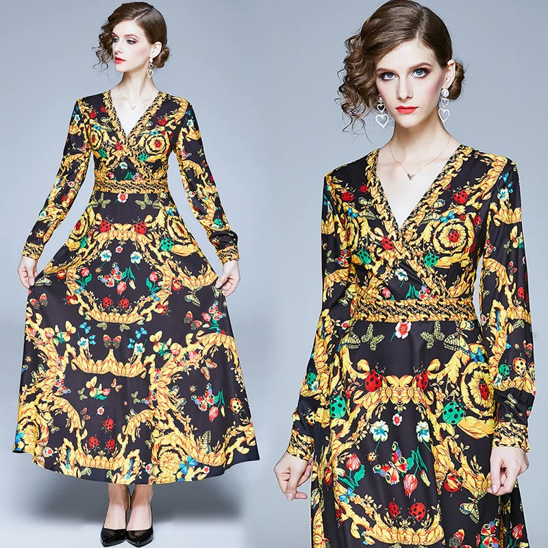 

Photo Shoot WOMEN'S Dress Ozhouzhan New Style V-neck Long Sleeve Palace Retro Printed Waist Hugging Dress Fashion
