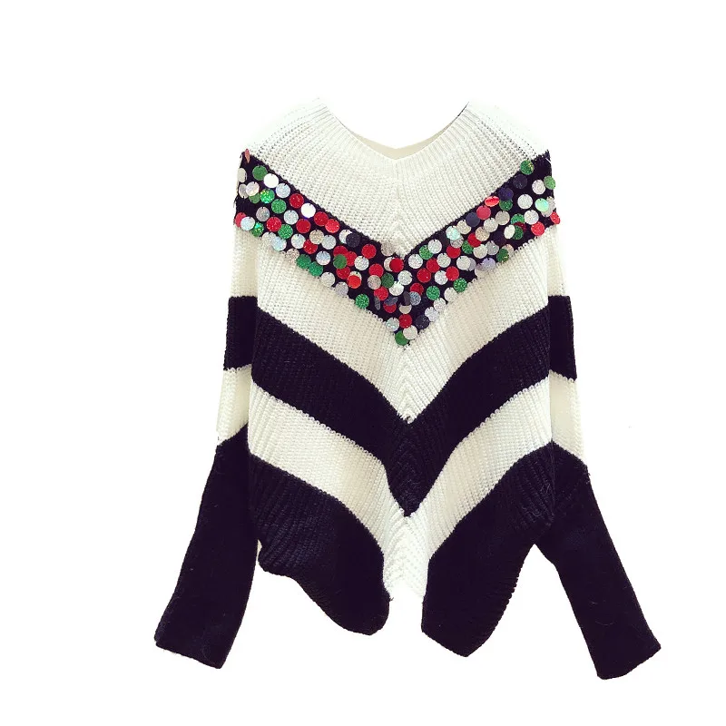 2020 Spring Korean Style New Spring V-neck Black and White Striped Sequined Batwing-Sleeve Sweater Women's Loose-Fit Sweater