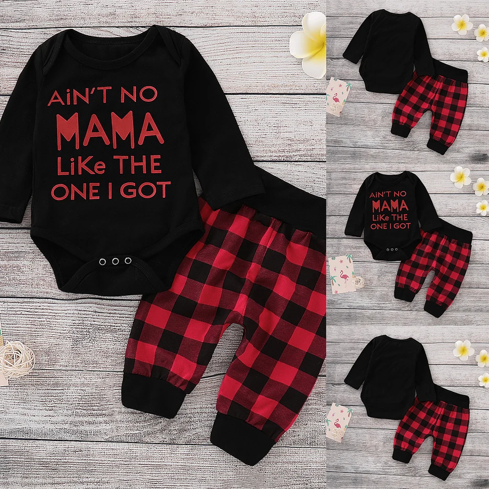 

Baby English Print Long Sleeve Romper+Plaid Pant Set Infant Boy girl Full Outfits Autumn Newborn Toddler Clothing Set 0-24M D35