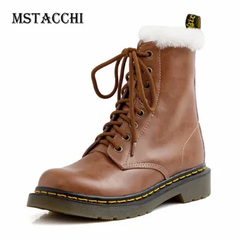 

MStacchi Winter Plush Mid-Calf Boots Women Retro Cross Lace-Up Genuine Leather Botki Damskie Female Keep Warm Sexy Snow Booties