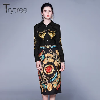 

Trytree Autumn Winter Two piece set Casual Turn-down Collar Single Breasted Embroidery Top + Skirt Office Lady Set 2 Piece Set