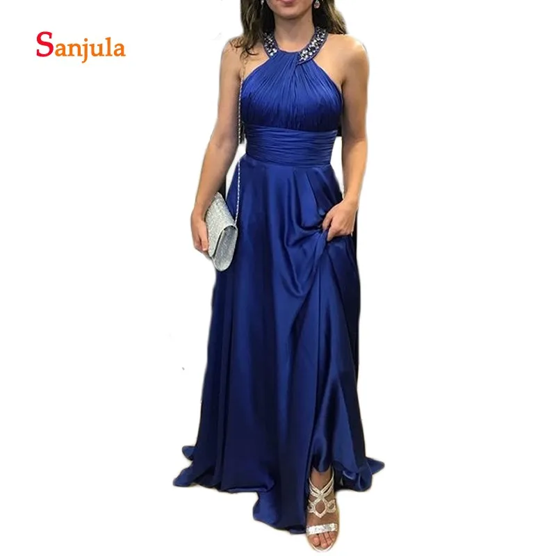 Halter Royal Blue Prom Dresses Satin Rok A-lijn Vrouwen Formele Diner Feestjurk Pleats Kralen Pailletten Prom Jassen D1252 Halter Royal Blue Prom Dresses Satin Rok A-lijn Vrouwen Formele Diner Feestjurk Pleats Kralen Pailletten Prom Jassen D1252