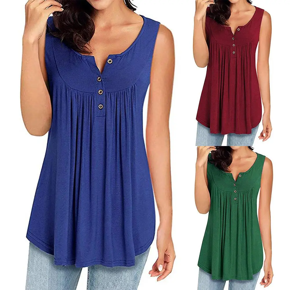 

Summer Women Casual Solid Color Buttons Pleated Loose Sleeveless Tank Top Vest