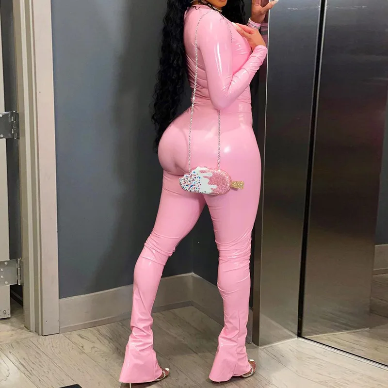 OMSJ Hot Sexy Fur Leather Club Outfits Female Two Pieces Matching Set U Neck Long Sleeve Tops+Tight Boot Cut Pant Streetwear Y2K 3