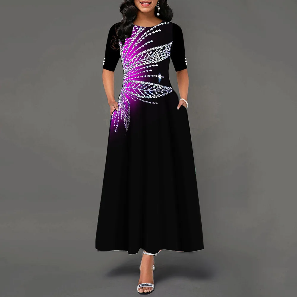 

A Line Women Print Party Maxi Dress Half sleeve Female Retro Robe 2019 Autumn Spring Hot Sale African Fashion Vintage Dresses