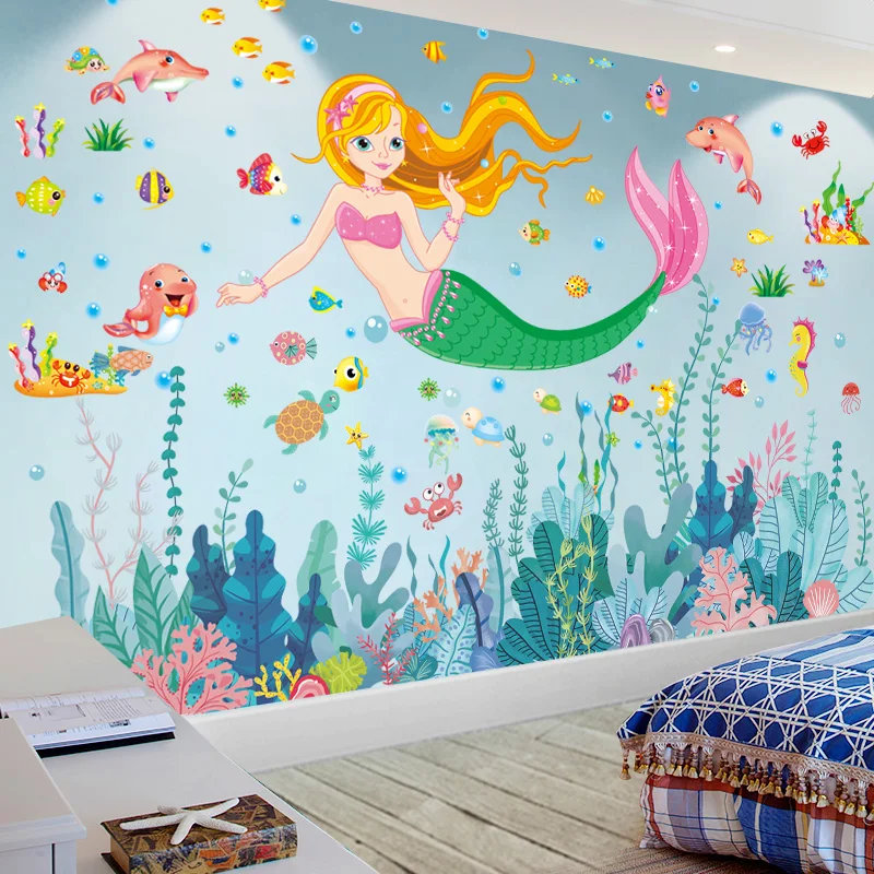 

[SHIJUEHEZI] Mermaid Seaweed Wall Stickers DIY Girl Fish Seagrasses Mural Decals for Kids Room Baby Bedroom Nursery Decoration