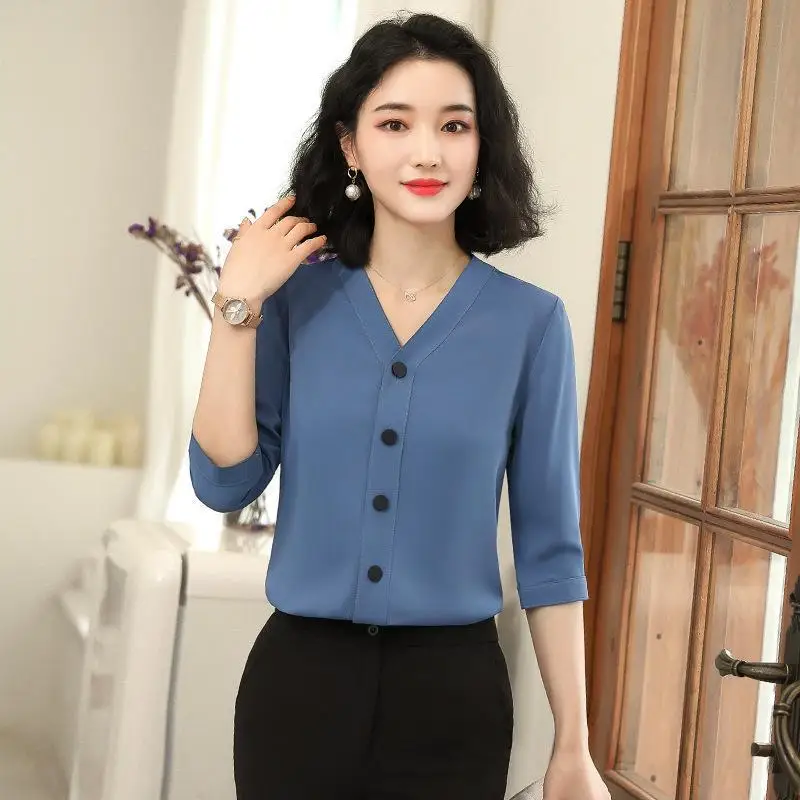 

2020 Business White Shirt Women's 2020 Spring And Summer New Style Korean-style Slim Fit White Collar Half-sleeve Shirt Chiffon