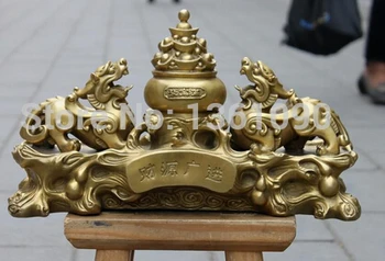 

+++ free shipping Chinese Pure Brass Feng Shui Lucky Yuan bao Evil Foo Dog Lion Kylin statue