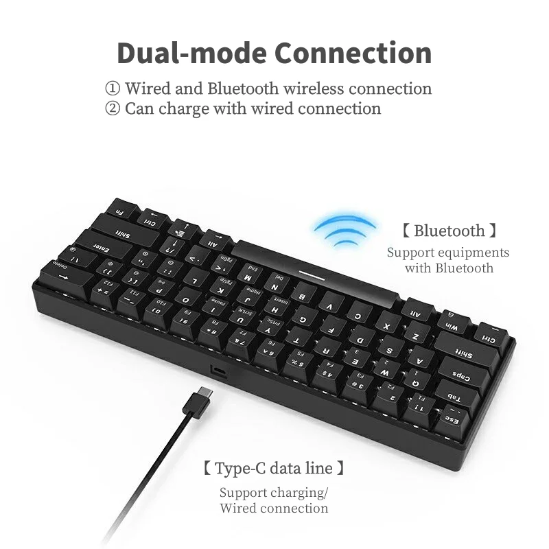 Ajazz i610T 61 Keys USB Wired Bluetooth Dual Mode Gaming Keyboard Black/ Blue Switch 17 Monochrome Backlight Mechanical Keyboard