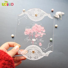 Прозрачная Акриловая Карта с заказной печатью, две карты с цветами в середине свадьбы День рождения акриловые Пригласительные открытки