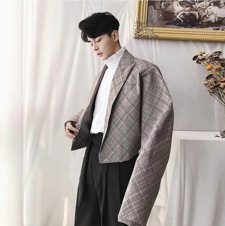 SHENGYUJIN M~ 2XL! Осенняя дизайнерская Ретро решетка силуэт шикарный маленький костюм уличная мода Мужская короткая куртка, костюм