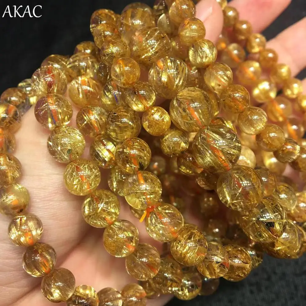 

AKAC approx8mm 1bracelet/set AAAAAAA+ semi precious natural golden rutilated bracelet smooth round loose beads
