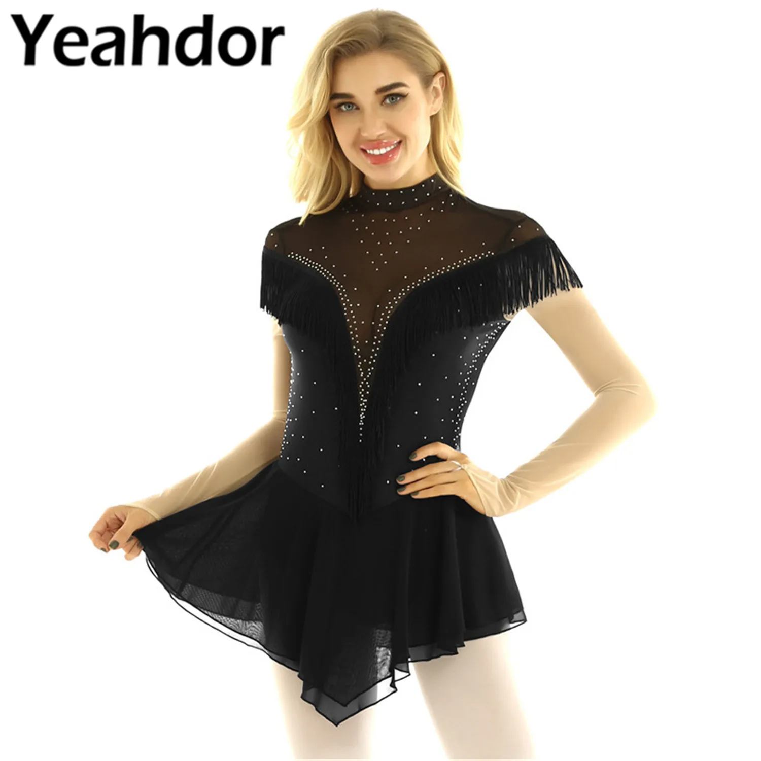 Women Figure Ice Skating Dress Classic Long Sleeve Backless Shiny Rhinestones Tassels Adults Ballet Gymnastics Leotard | Тематическая