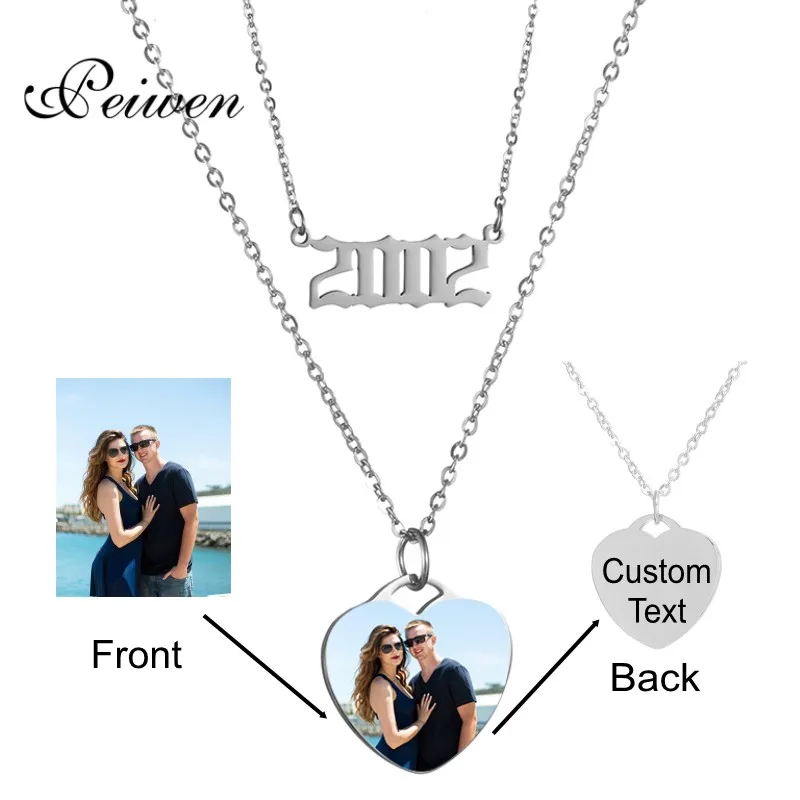 Custom Name Photo Necklace Stainless Steel Chain Heart Pendant Layered Necklaces Choker Year Number 1980-2019 Birthday Year Gift