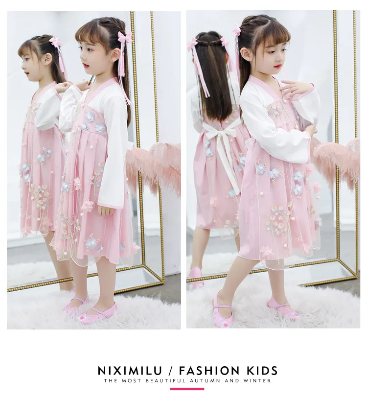 Hanfu/Детский костюм в стиле Тан; коллекция года; милое осеннее платье принцессы для девочек; китайский костюм; детское платье феи для подростков